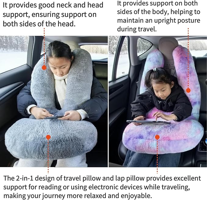FHSGGP Travel Pillow Car Travel Sleep Support Pillow 2-in-1 Lap Pillow and Car Pillow with Neck and Body Support for Adults and Kids on Long Trips Kids Travel Pillow Colorful Purple