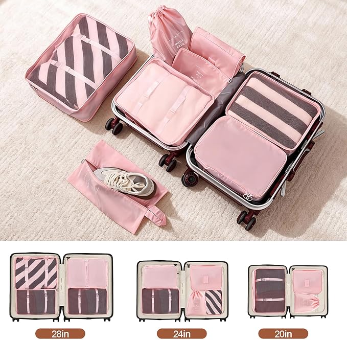 8 Set Compression Packing Cubes for Travel Essentials,Suitcase Organizer Bags, Carry-On Luggage Accessories with Laundry & Toiletry Bag, Road Trip & Camp Gifts for Men and women（pink）