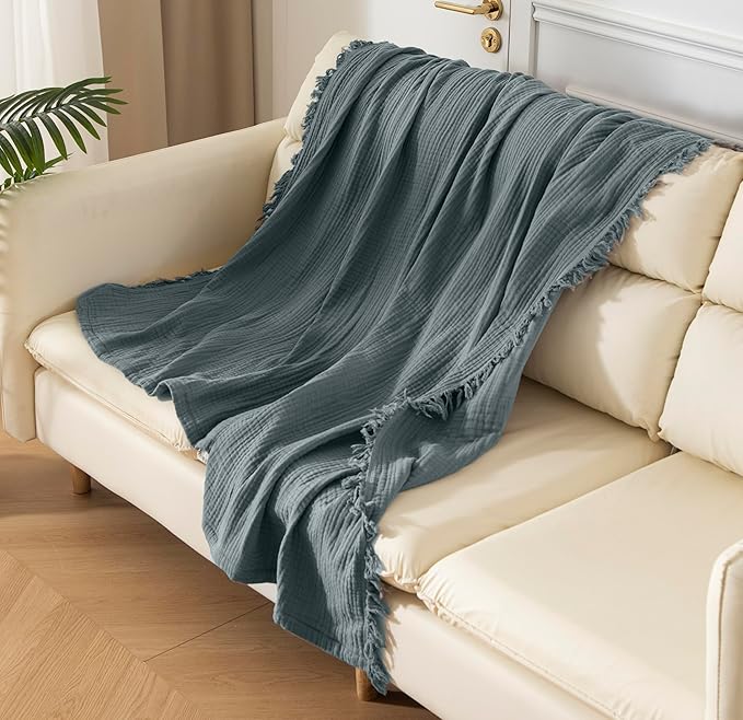 KyraHome Muslin Blankets for Adults, 100% Organic Cotton Blanket Plant Dyed, Breathable Lightweight Gauze Throw Blanket for Couch, All Season, 50"x60" (Slate Blue)