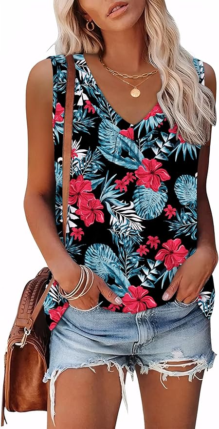 OFEEFAN Tank Top for Women Loose Fit Sleeveless Shirts V Neck Summer Clothes Ruched Women's Tees and Tanks Curved Hem