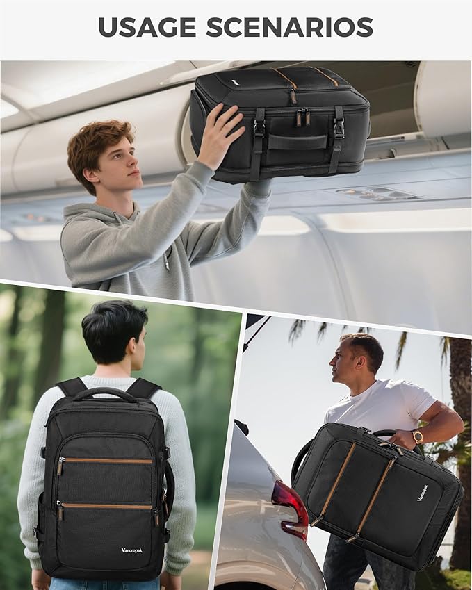 Vancropak Personal Item Travel Backpack for Men & Women, 17.3 inch Water Resistant Travel Laptop Backpack, Large TSA Airline Approved Under Seat Carry On Bag for Frontier Airlines