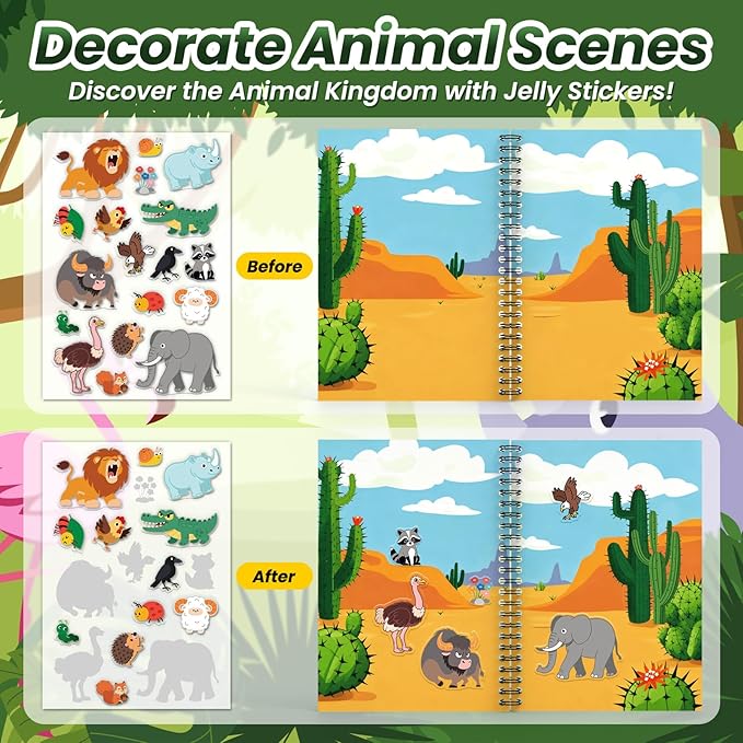 Animals Reusable Sticker Book for Toddlers, DIY Make-a-face Animals Jelly Fun 3D Stickers, Washable Puffy Stickers for Kids Toys, Airplane Road Trip Travel Activities Essentials for Kids 3 4 5 Years
