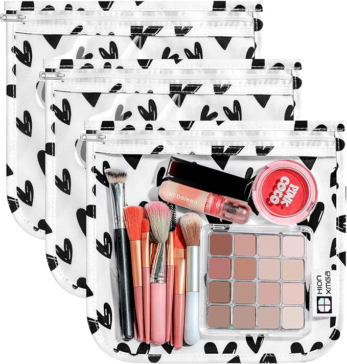 HIONXMGA TSA Approved Toiletry Bag, Set of 3 Clear Travel Toiletry Bag Quart Size Zipper Travel Pouch, Waterproof Makeup Cosmetic Bag for Women Men Kids Toiletries Carry on, Hearts Large