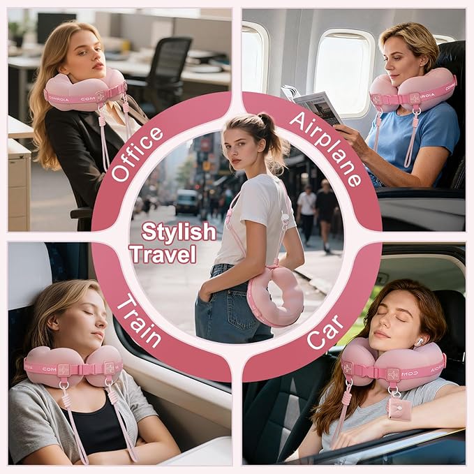 Travel Neck Pillow for Airplane Sleeping – 360° Head Support Prevents Bobbing, 100% Memory Foam Ergonomic Neck Cushion with No-Case-Needed Carry Strap for Long Flights & Car – Washable Cover (Pink)