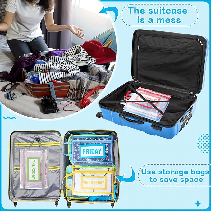 7 Pack Packing Cubes for Travel Days of Week Packing Cubes with Label Clear Zippered Storage Bag for Summer Camp Essential