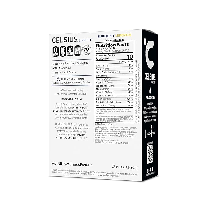 CELSIUS On The Go Blueberry Lemonade, Sugar Free Energy Drink Mix (14 Sticks per Pack)