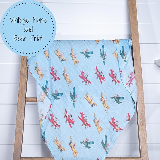 LollyBanks Muslin Swaddle Blankets, 100% Cotton Breathable Baby Blanket for Boys and Girls, Soft and Lightweight 47 x 47 Inches Newborn Swaddle Wrap, Baby Essentials Must Haves (Plane and Bear Print)