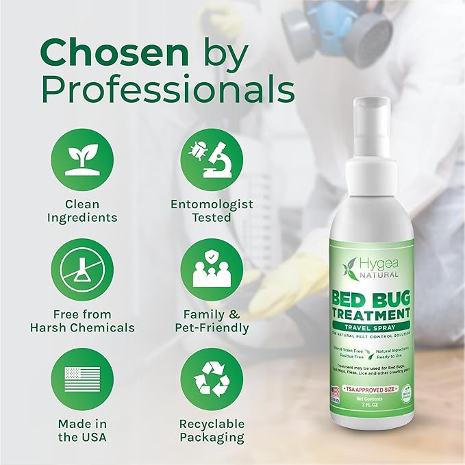 Hygea Natural Lice, Mite, and Bed Bug Killer Travel Spray - TSA Approved Size – Child & Pet Friendly – Immediate Results – Stain & Odor Free, for Hotels, Suitcase, Backpack, Shoes, Bed Bug Spray(3oz)
