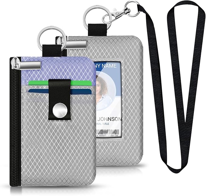 Minimalist RFID Blocking Small Wallet with ID Window,WaterResistant Zip Id Case Wallet with Lanyard Keychain for Cards,Cash,Travel,Women,Men (Light Gray/Lavender Purple)