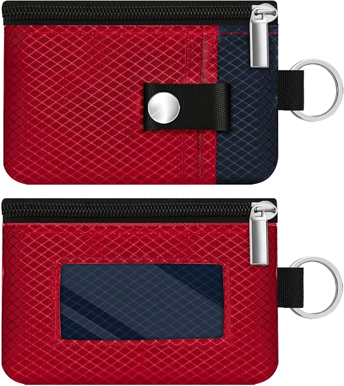 Minimalist RFID Blocking Small Wallet with ID Window,WaterResistant Zip Id Case Wallet with Lanyard Keychain for Cards,Cash,Travel,Women,Men (Red/Dark blue)