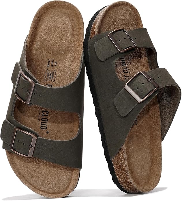 Project Cloud 100% Genuine Leather Flat Sandals For Women 2026 Cork Footbed Womens Sandals with Memory Foam and arch support Vacation Essentials Slides for Women Footwear (Venita)
