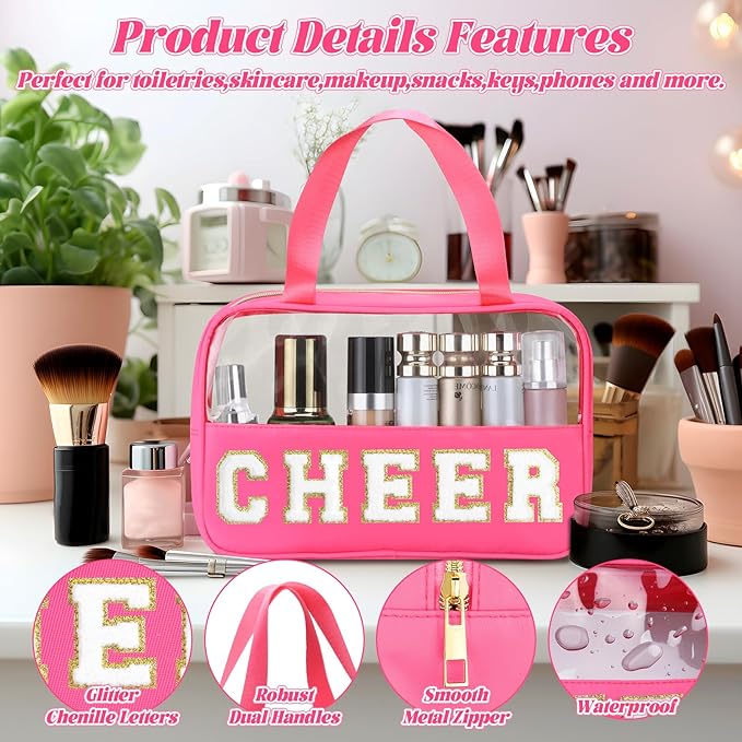 BuyCard Chenille Letter Patch Clear Travel Bags, Preppy PVC&Nylon Makeup Bag with Handle and Zipper, Waterproof Large Clear Travel Toiletry Bag Storage Bag for Women Girls