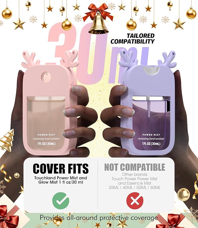 Sonnorel 2 Pack Elk Silicone Case Compatible with Touchland Hand Sanitizer Spray (Fit for 1 FL OZ/30 mL Ver), Portable keychain, Small Bell, Cute Deer Antlers (Pink,Purple)