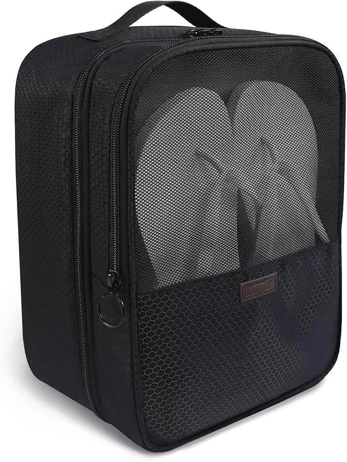 Aosbos 2 Layers Shoe Bags for Travel with Trolley Sleeve Portable Shoe Storage Pouch Shoe Packing Cubes with Structure, Honeycomb Black