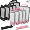 Compression Packing Cubes - WONGLE 12 pc Set His and Hers Family Travel Organizer Compressible Packing Cubes for Suitcases, Luggage Organizer Bags, Travel Accessories, Shoe Bag (Pink/Black)