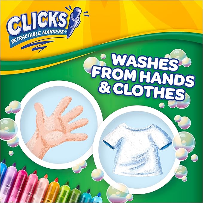 Crayola Clicks Retractable Tip Markers (10ct), Washable Cone Tip Art Marker Set, School Classroom & Craft Supplies for Coloring Books, Ages 3+