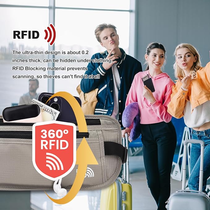 Unisex Money Belt For Men and Women, Slim Passport Holder RFID Blocking Travel Essentials Pouch with Adjustable Strap Small Waist Pouch for Workout Running Travelling Hiking, Light Grey