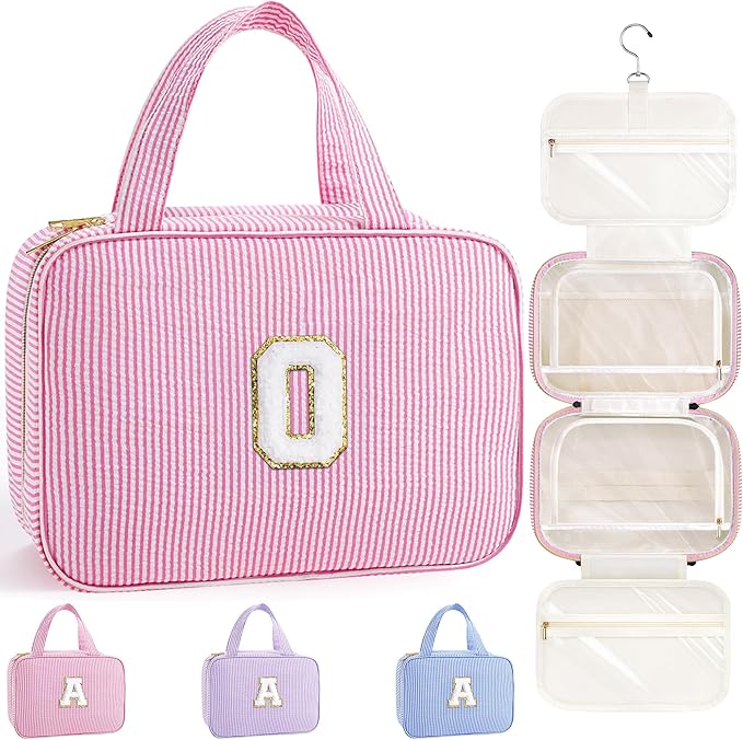 TOPEAST Travel Toiletry Bag for Women - Hanging Toiletry Bag Makeup Bag, Portable Toiletries Cosmetic Bag, Airplane Travel Essentials - Letter O, Pink