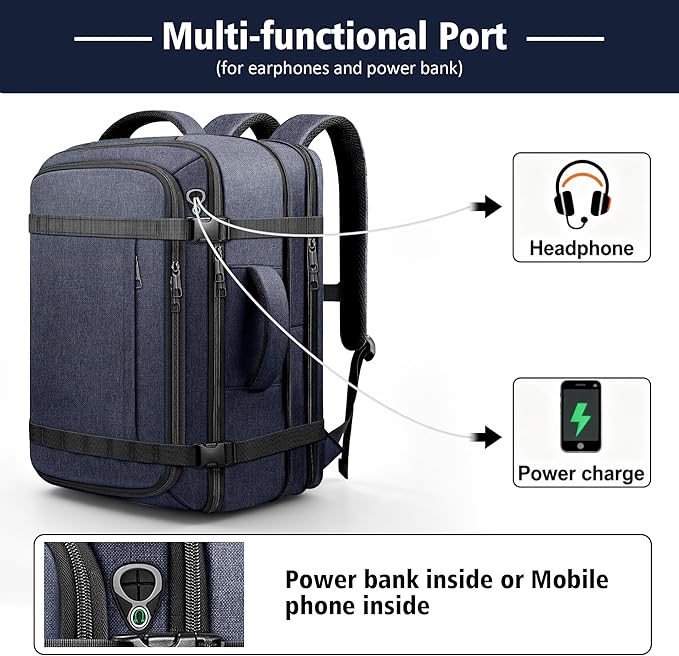 Flight Approved Travel Backpack with LifetimeWarranty,Expandable Carry on Backpack 40-50L with USB Cable Port,Fits 17.3"Laptop,Flight TSA friendly,Anti Theft Laptop Backpack Travel,Commuting,Blue