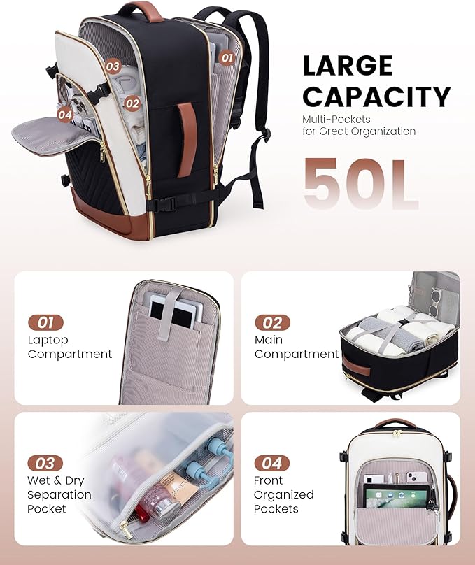 LOVEVOOK Large Travel Backpack for Women, TSA Carry on Backpack for Airplanes, 40L Personal Item Travel Bag for Women fits 17" Laptop,Waterproof Carry on Bag Airplane Approved with 3 Packing Cubes