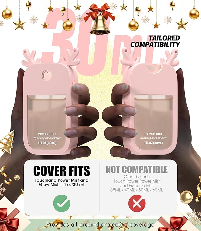 Sonnorel 1 Pack Elk Silicone Case Compatible with Touchland Hand Sanitizer Spray (Fit for 1 FL OZ/30 mL Ver), Portable keychain, Small Bell, Cute Deer Antlers (Pink)