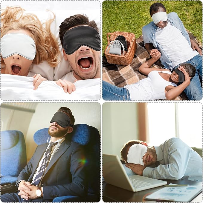 Silk Satin Sleeping Mask Eye Mask Set Include 2 Blindfold Eyeshade Elastic Strap Double Layer Silk Filling Eye Cover 2 Ear Plugs 2 Storage Bags for Women and Men Sleep Travel Nap (Black, Gray)