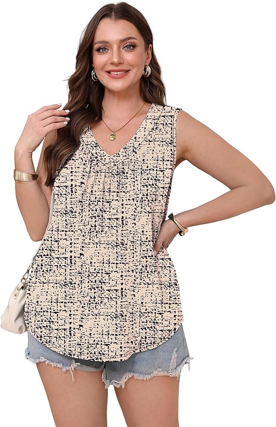 OFEEFAN Tank Top for Women Loose Fit Sleeveless Shirts V Neck Summer Clothes Ruched Women's Tees and Tanks Curved Hem