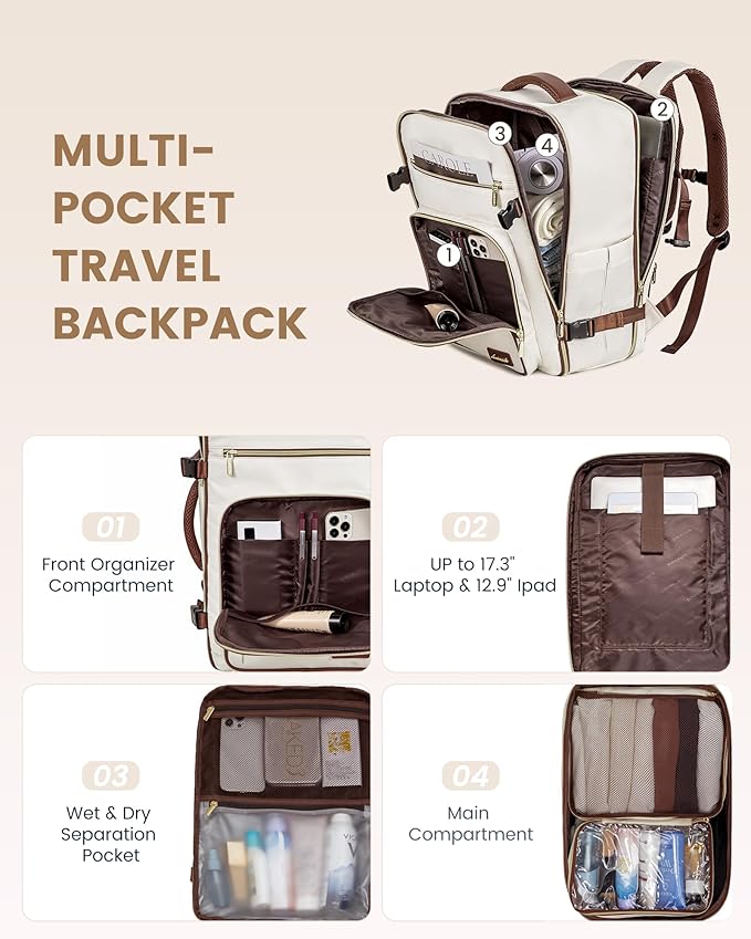 LOVEVOOK Travel Backpack For Women,40L Carry On Backpack Flight Approved,TSA Personal Item Travel Bag Fits 17 Inch Laptop,Business Weekender Overnight Daypack with Toiletry Bag and Cube,White brown