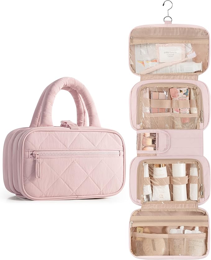 Marscamd Travel Toiletry Bag for Women with Hanging Hook, Puffy Makeup Organizer with Brushes Slots for Bathroom, Shower and Beauty Essentials, Pink