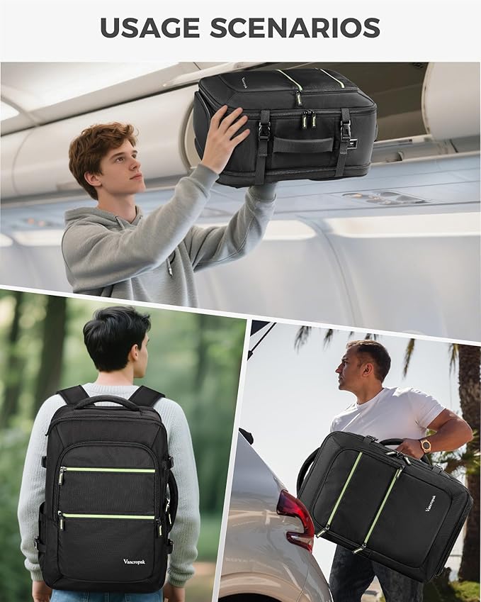 Vancropak Travel Personal Item Backpack for Spirit Airlines with Shoe Compartment Removable, 18x14x8 TSA Approved Underseat Carry on Backpack, Large Luggage Suitcase Bag Fit 17.3" Laptop, Black