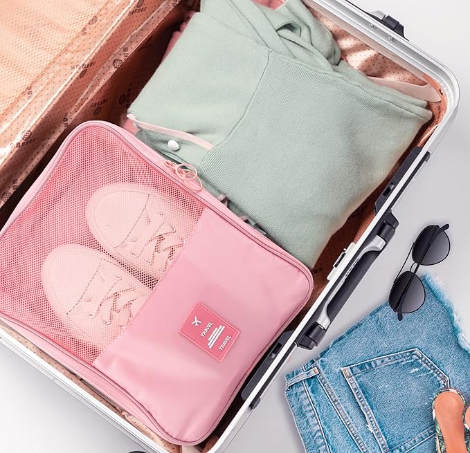 Travel Shoe Bags 2 Pcs of Shoe Organizers Set for Suitcase Hold 3 Pair of Shoes Waterproof Shoe Packing Cubes for Travel and Daily Use Storage Pouch with Handle (Blue+Pink)