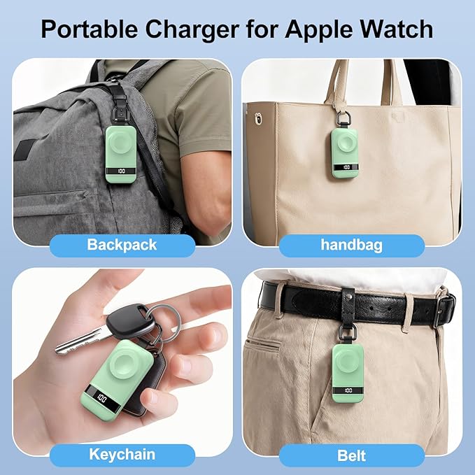 Portable Charger for Apple Watch, 2500mAh & Digital Display – Magnetic Fast Charging iWatch Charger for Travel – for Apple Watch Series 1-11/SE1-3/Ultra 1-3 (Mint Green)