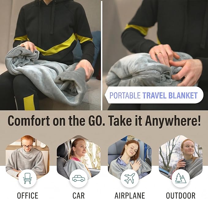 Compact Travel Blanket for Airplanes – Made of Flannel - Wearable