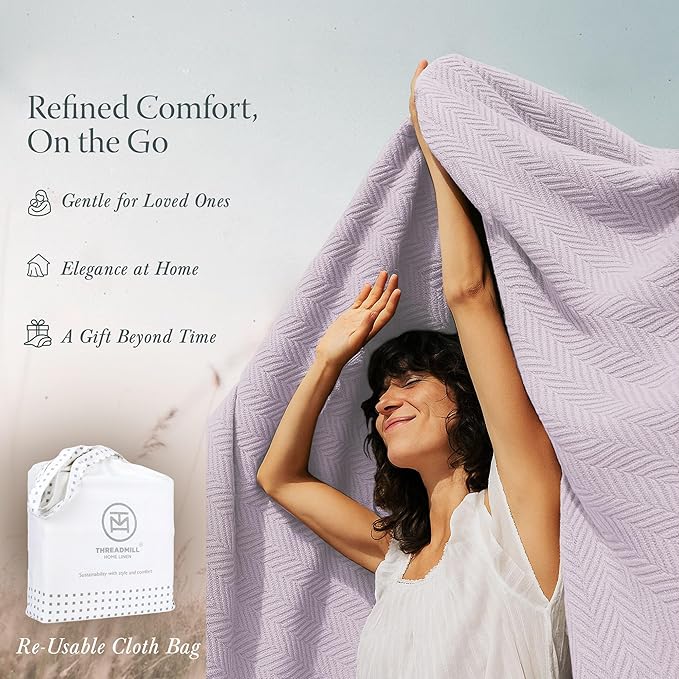 Threadmill Luxury Cotton Blankets for Twin Size Bed | All-Season 100% Cotton Twin Blanket for Bed | Herringbone Soft & Cozy Fall Thermal Blanket, 350GSM, 68x92 inches | Lilac