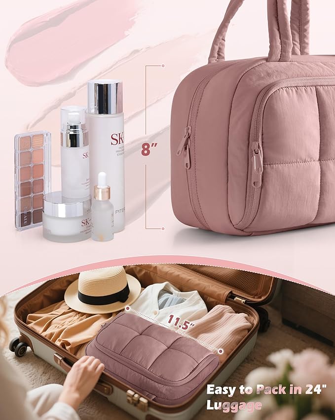 Marscamd Travel Makeup Bag for Women, Puffy Cosmetics & Toiletry Organizer with Leakproof Pockets for Travel-Size Shampoo, Conditioner, Brushes & Essentials - Medium Size, Dark Pink (Bag Only)