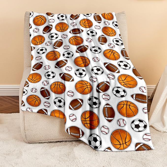 Wajade Sports Balls Blanket for Boys Soft Fleece Baseball Basketball Soccer Blanket for Couch Sofa Bedroom Fuzzy Flannel Blankets Birthday for Kids Boys 50"x60"