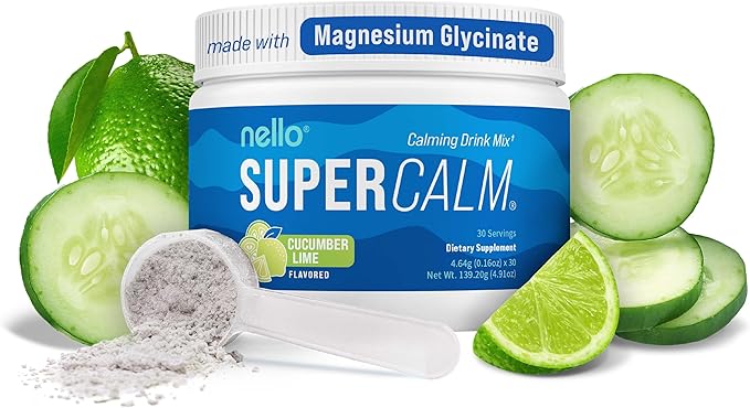 Nello Supercalm Powdered Drink Mix Tub, Cortisol Reducer* and Sleep Aid Supplement, L Theanine, Ksm-66 Ashwagandha, Magnesium Glycinate, Vitamin D 3, No Sugar, Non GMO, 30 Ct, Cucumber Lime
