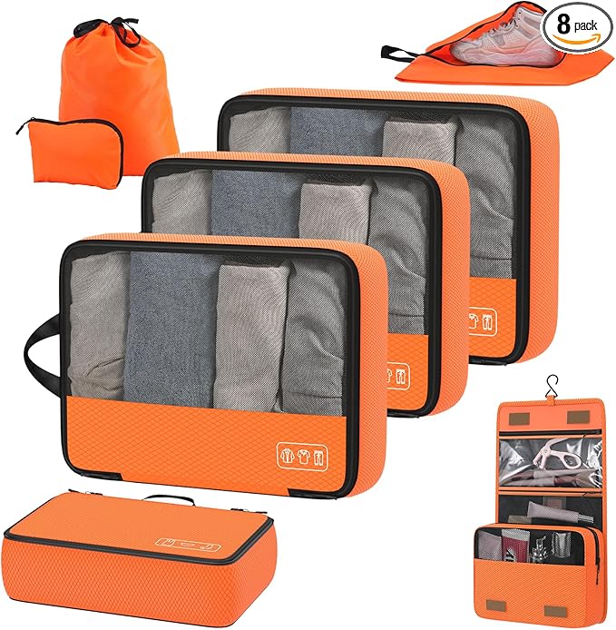 8-Piece Compression Packing Cubes for Travel, Bright & Lightweight Luggage Organizer System for Outdoor Travel & Adventure, Space Save for Backpack, Duffel Bag & Suitcase- Orange