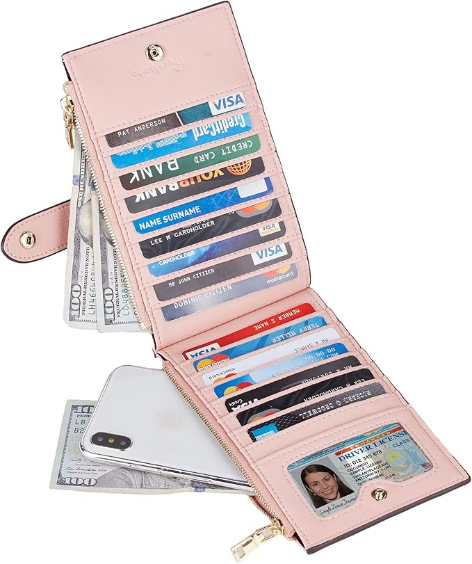 Travelambo Womens Wallet Slim RFID Blocking Bifold Credit Card Holder Wallet with 16 Card Slots, 2 Zippered Pockets (Pink Lotus)