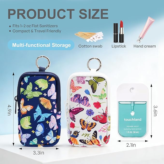 KJQJLY 2 Pack Hand Sanitizer Holder Pouch, Zippered Portable Sanitizer Case with Cute Pattern, Keychain D-Ring for Purse, Backpack & Travel