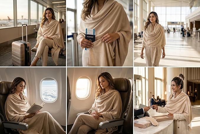 Wayfarer Shawl with Pouch | Voyagers Comfort Set with Luxury Travel Scarf, Eye Mask, Satin Scrunchies & Travel Pouch