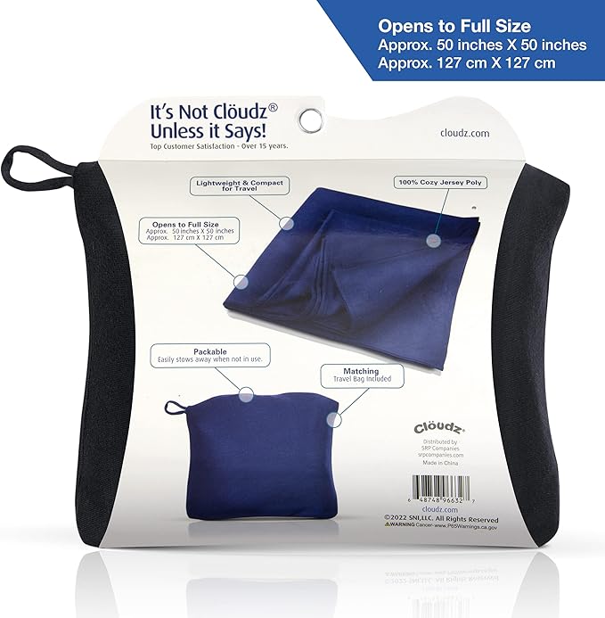 Cloudz Super Soft Jersey Airplane Travel Blanket for Your Flight, Car, Camping, Home or Comforting Warmth Anywhere! Large in Size at 50"x 50" and Includes a Bag! - Black