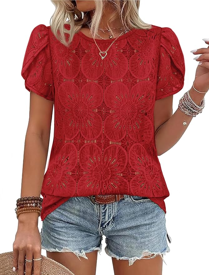OFEEFAN Blouses for Women Dressy Casual Petal Short Sleeve Shirts Crochet Lace Boho Tops Spring Fashion Summer Outfits