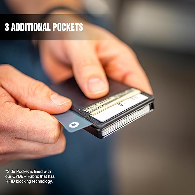 Faraday Wallet - RFID Blocking | Aluminum Credit Card Holder | Slim Minimalist | Locking Button Release | MagSafe Compatible | Money Clip | Genuine Leather