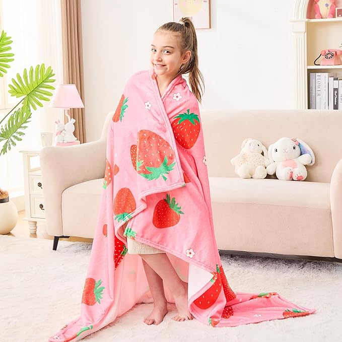 Wajade Kids Pink Strawberry Throw Blanket for Girls Teens Women Soft Fuzzy Flannel Bed Blanket for Kids Adults Plush Christmas Birthday Gifts 50”x60”