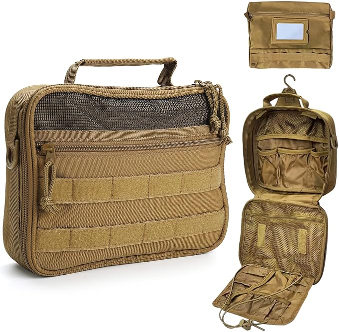 SUNRISING Tactical Travel Toiletry Bag for Men and Women, Hanging Travel Toiletry Organizer Dopp Kit, Toiletries Shaving Hygiene Bathroom Bag,Men's Toiletry Bag for Short Trips Camping - Khaki