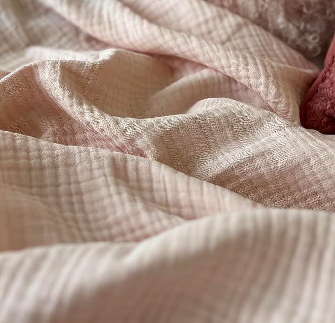 KyraHome 100% Organic Cotton Muslin Blankets for Adults, Girls, 60"x80", Plant Dyed, Breathable Lightweight Gauze Summer Throw Blankets for Couch, Napping, All Season (Soft Pink)