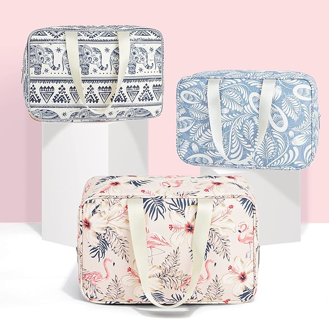 Full Size Toiletry Bag Women Large Cosmetic Bag Travel Makeup Bag Organizer Medicine Bag for Toiletries Essentials Accessories (Large, Beige Flamingo)