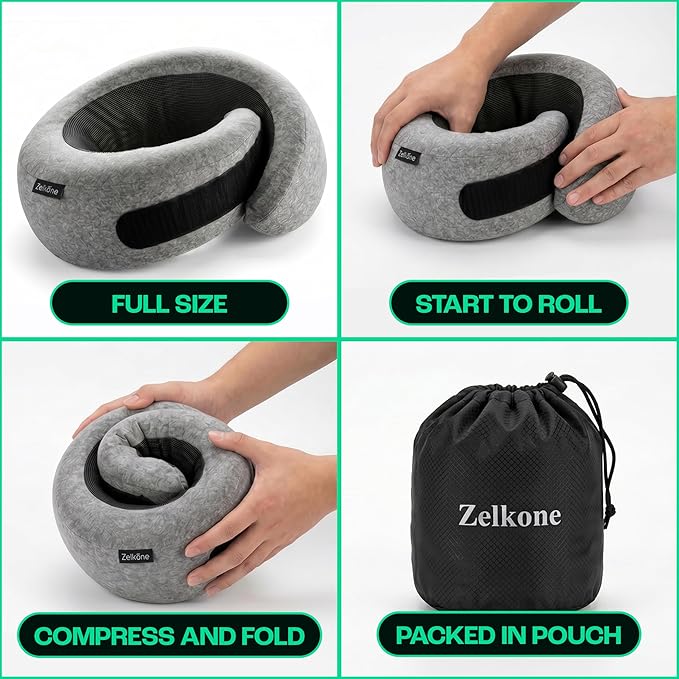 Travel Neck Pillow Memory Foam – Best Airplane Neck Pillow for Long Flights, Soft Ergonomic Neck Support, Compact Travel Pillow for Plane & Car, Airplane Travel Essentials