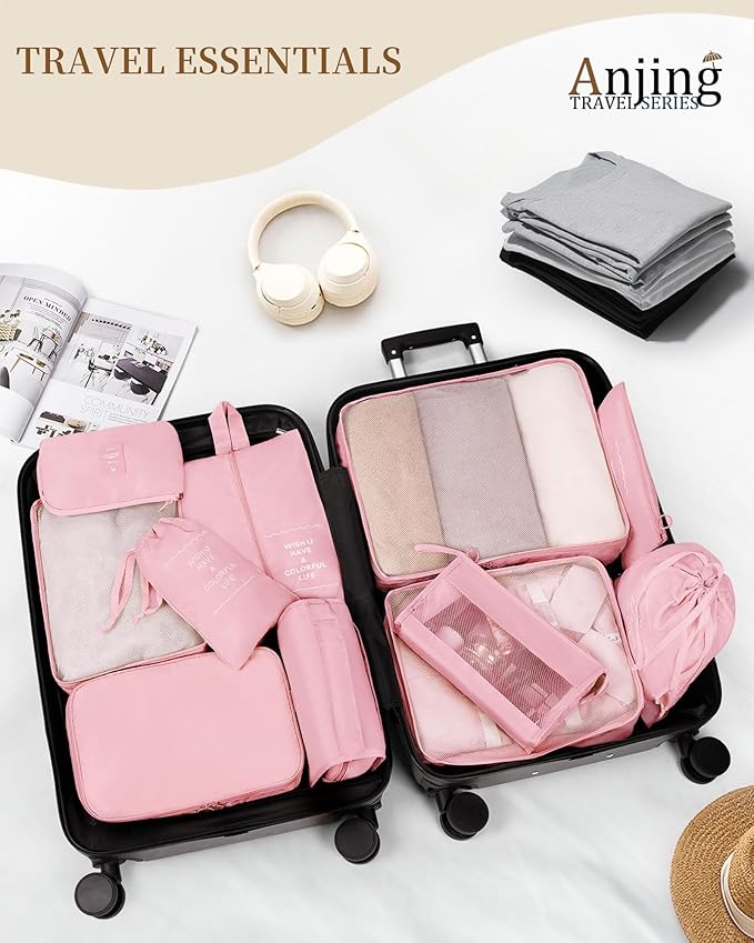 Anjing Packing Cubes for Suitcase 11PCS Luggage Packing Organizers Travel Essentials Luggage Organizer Hooked Toiletry Bag Cosmetic Bag and Shoes Bag, Pink